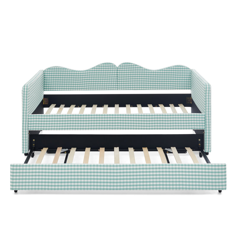 Lit de jour simple, lit de jour rembourré en vichy équipé d'un cadre de lit gigogne escamotable et d'une poche de rangement latérale, canapé-lit multifonctionnel en bois massif pour chambre d'enfant et chambre d'invités - Cyan