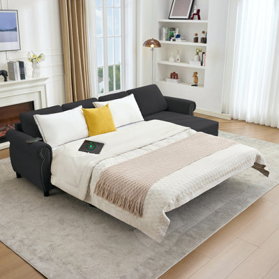 106.5" Pull Out Sofa Bed,L Shaped Modular 4 Seater Couch,2-In-1 Sofa Bed,Wireless Charging , Usb Charging Ports,Memory Foam Mattress,Storage Space, Flannelette