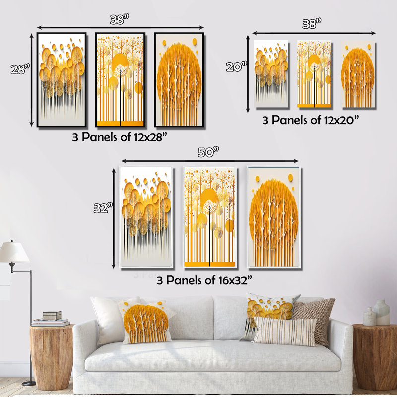 «Abstract Yellow Forest Quill Minimalisme II», 3 pièces, Toile tendue, H 36 po x l 20 po