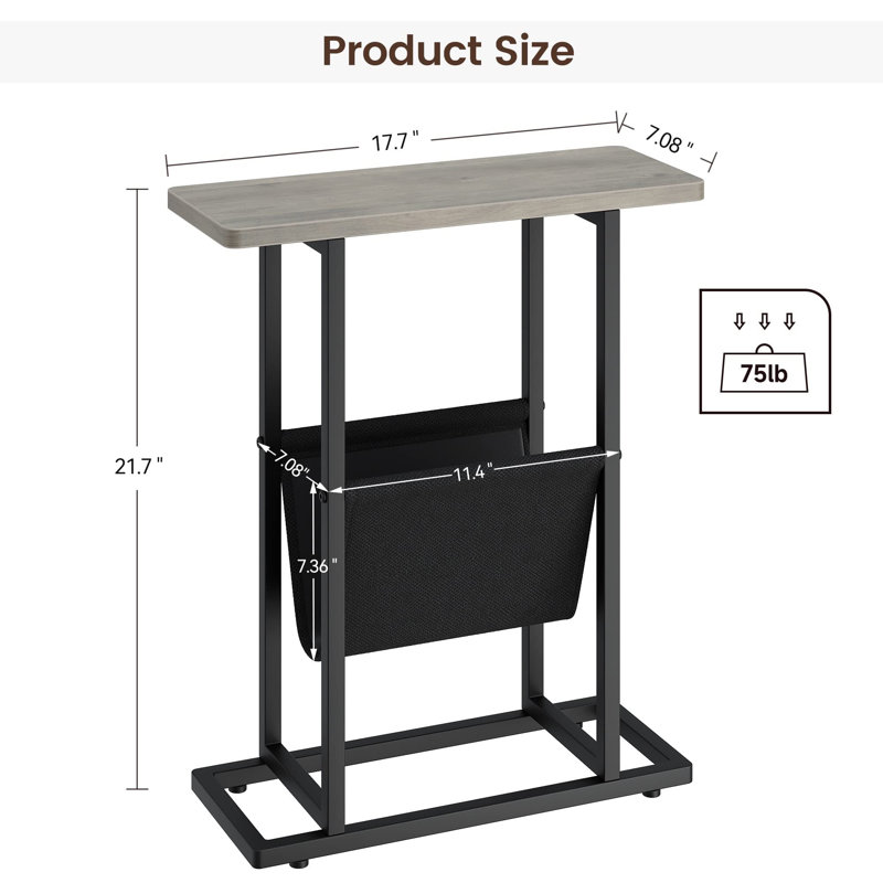 Side Table For Small Spaces, Slim Bedside Table With Storage Holder, Grey