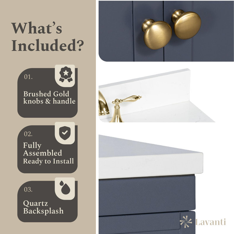  Depos 24 Inch Bathroom Vanity with Sink, Navy Blue – 100% Premium Solid Wood Vanity Cabinet – 1.5" Thick Quartz Countertop – Water-Resistant Finish – Fully Assembled