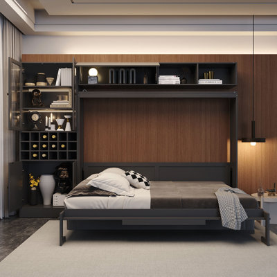 Queen Size Murphy Bed Wall Bed with Sofa , Shelves USB & Light ,Gray