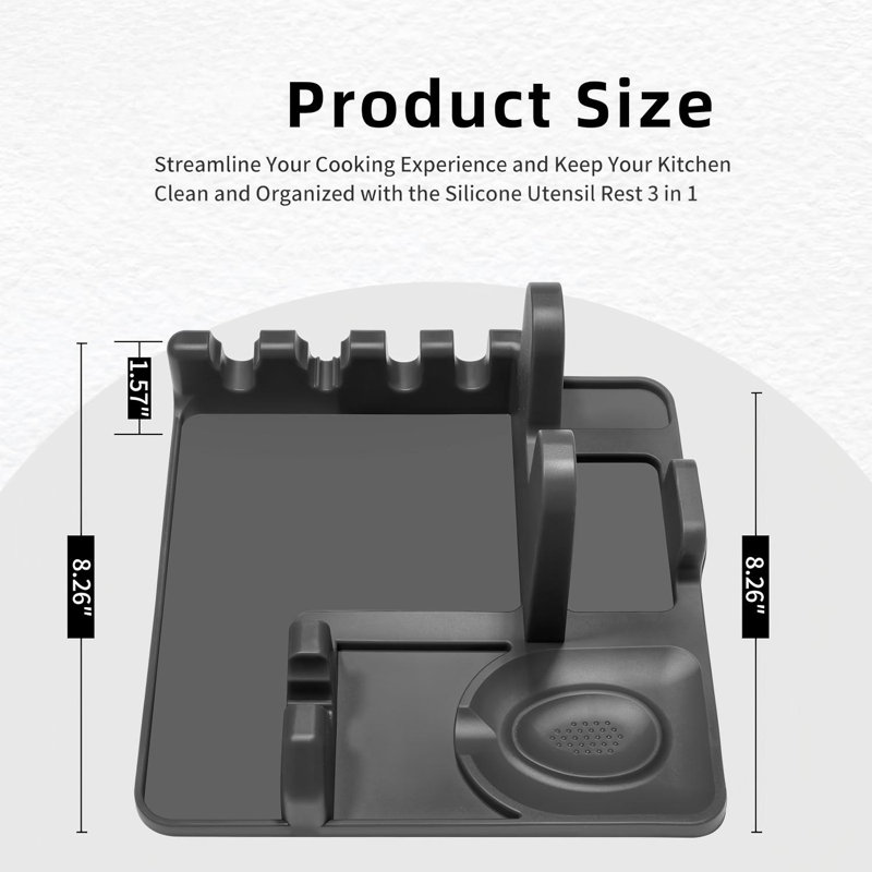Repose-cuillère en silicone avec porte-couvercle - Support pour ustensiles de cuisine 3 en 1 - Gris, grand