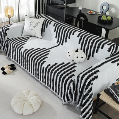  Reversible Chenille Sofa Cover, Geometric Jacquard Pattern Sofa Slipcover with Tassel, Washable Couch Cover Modern Furniture Protector Pet-Friendly, 71"X150" Black