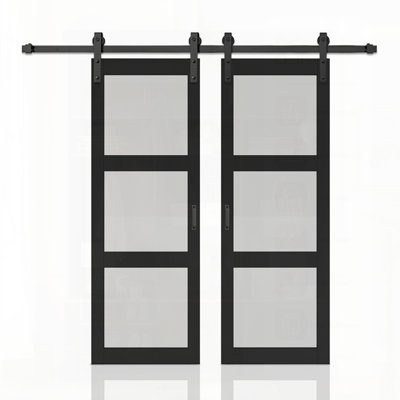 3-Lite Tempered Frosted Glass Black Finished Composite Double Sliding Barn Door With Hardware Kit And Handle,   For Modern Interiors And Space-Saving Solutions.