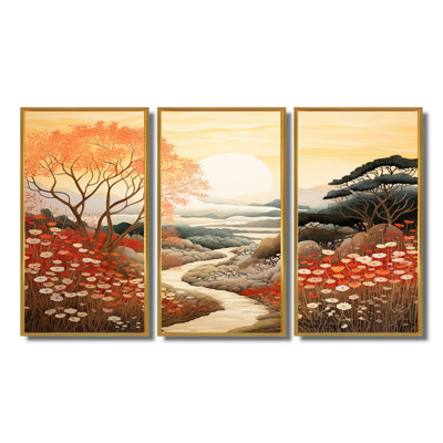 «Autumn Floral Country Road Sunset», ensemble d'art mural imprimé campagne