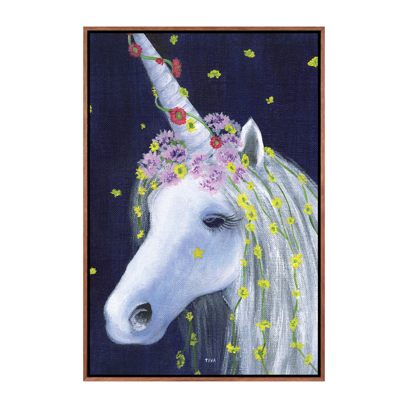 «Unicorn IV» par Tava - impression d'art graphique, H 26 po x l 18 po x 1,5 po, Toile avec cadre brun, Pas de tapis