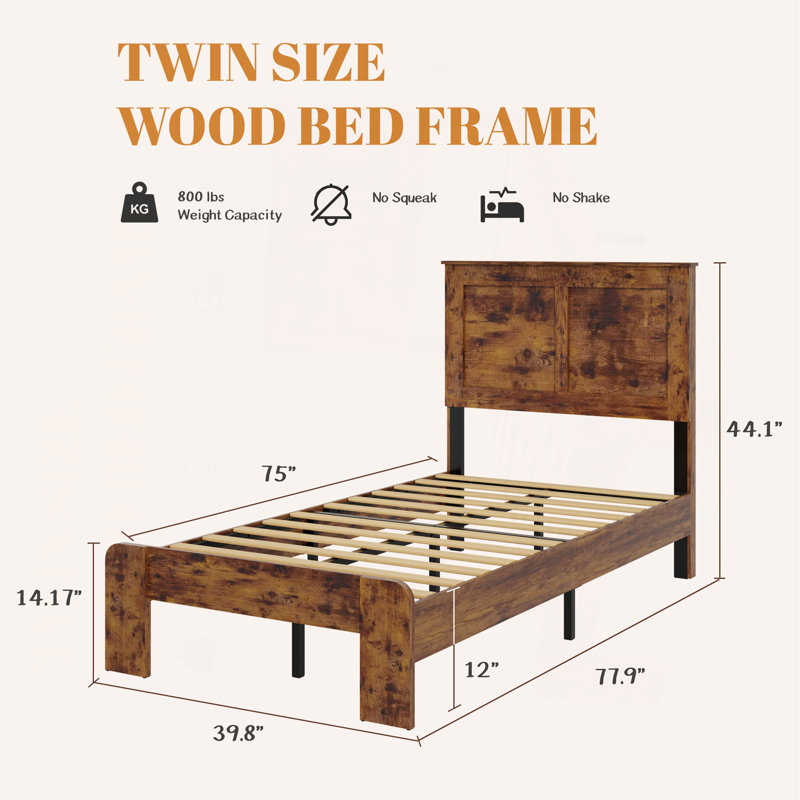 Structure de lit simple, structure de lit plateforme en bois, pas de bruit, pas besoin de sommiers, outils faciles à assembler, grand espace de rangement sous le lit, couleur brun clair