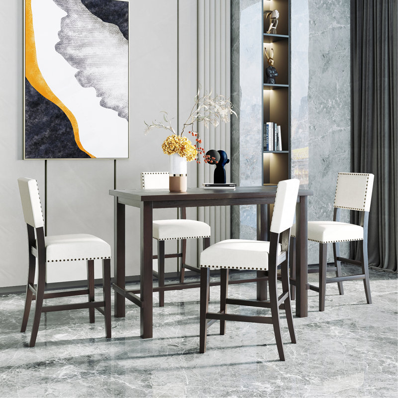 Ensemble de salle à manger 5 pièces à hauteur de comptoir, table élégante classique et 4 chaises espresso et beige, Espresso