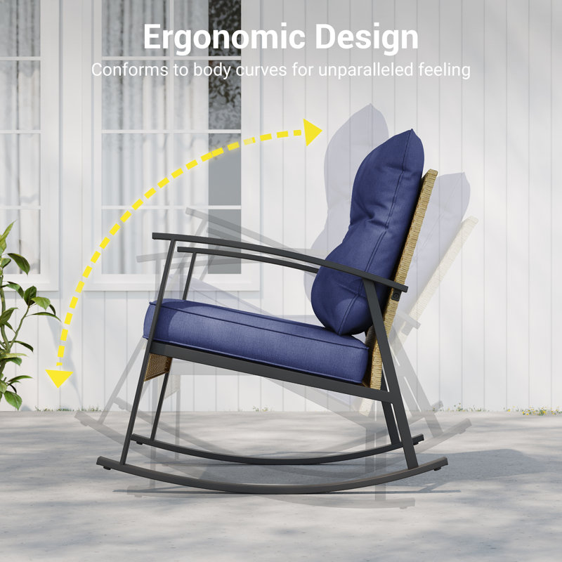 Ensemble de chaises berçantes 3 pièces avec table d'appoint et coussins, Marine