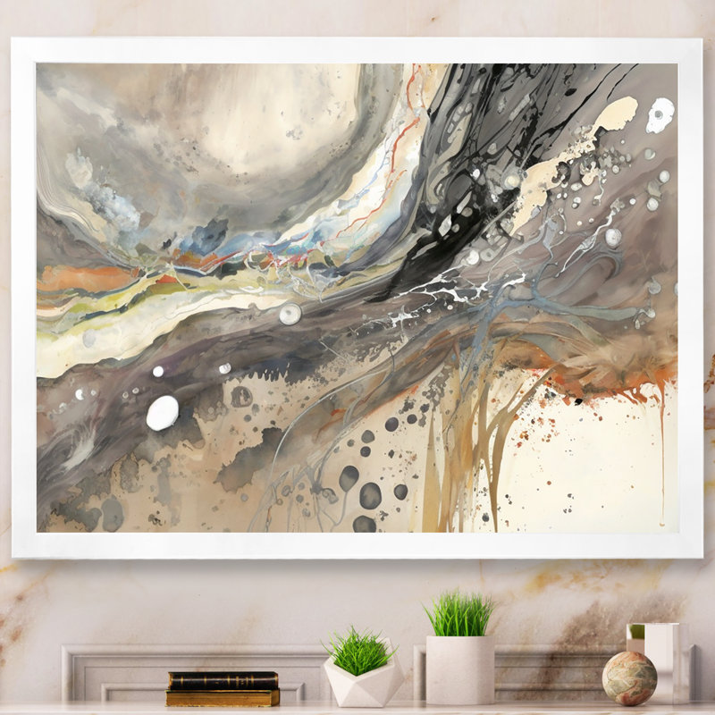 Subtile sérénité, gris, aquarelle, vagues, H 24 po x l 32 po x P 1 po, Cadre simple blanc