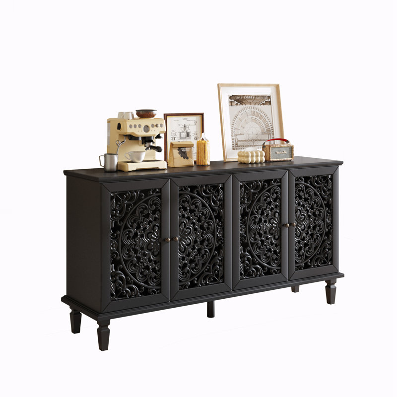 Buffet avec sculptures florales et pieds en bois massif, Noir