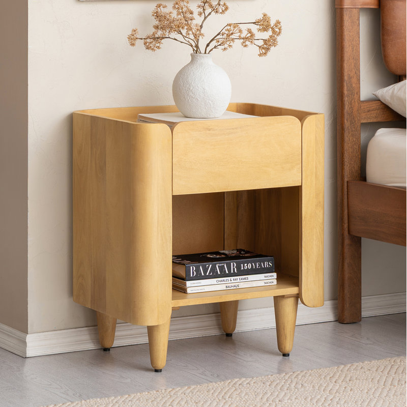 Table de chevet en bois massif Helga avec 1 tiroir et tablette de rangement ouverte, Blond clair