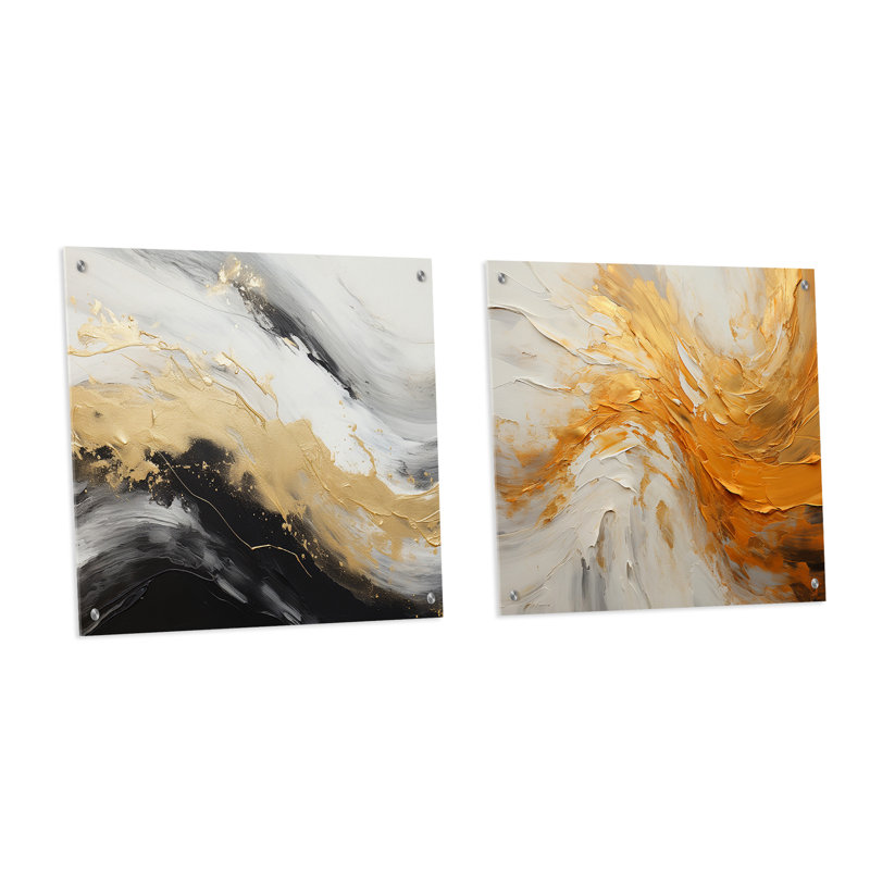 Or et noir Soft Wave Fusion III - formes abstraites en acrylique, ensemble d'art sur verre, ensemble de 2, H 16 po x l 33 po