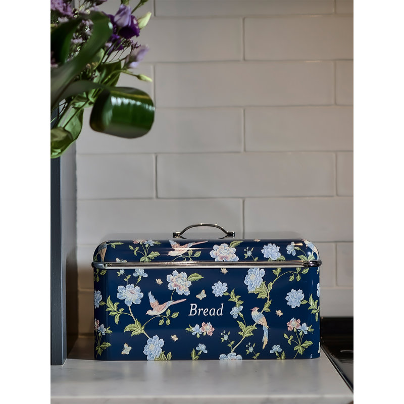 VQ Laura Ashley Large Bread Bins for Kitchen with Removable Lid Bread Storage Containers for Freshness & Style - Stainless Steel BreadBin with Hand-Applied Designer Print - Elveden Navy