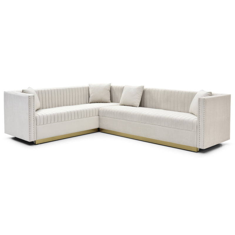 Canapé modulaire contemporain en velours 6 places - beige, capitonnage vertical pour le salon, 4 coussins, siège moderne recouvert de beige, Channel Home, canapé d'angle