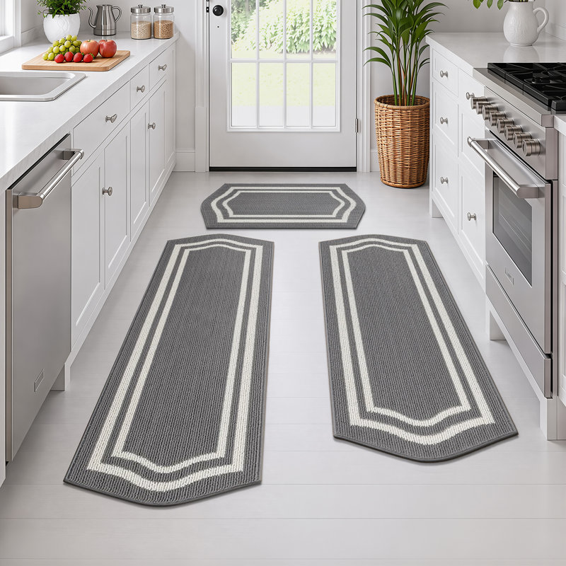 Ensemble de 3 tapis de cuisine neutres antidérapants et lavables Boho, Gris