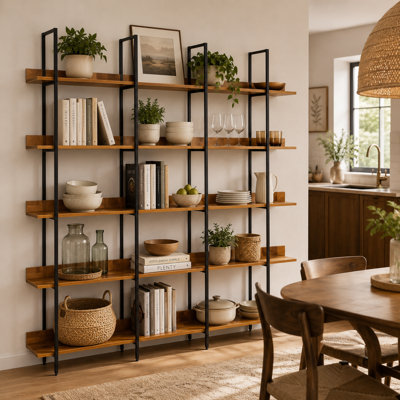 70.9-Inch Wide Industrial 5-Tier Bookcase with Open Display Shelves and Metal Frame, Rustic Brown and Black