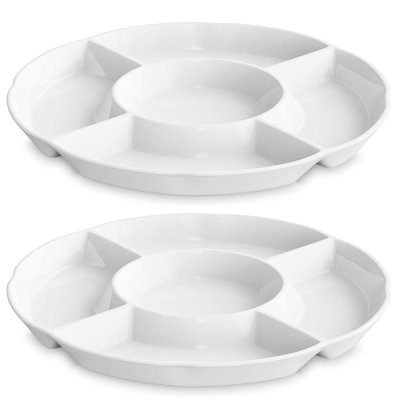 Veggie Tray, ensemble de 2 plateaux de service en porcelaine, 12 pouces, 5 compartiments, plat de service plat de service pour fête, fruits, légumes, bonbon, collation, dessert, plateau de relish, blanc