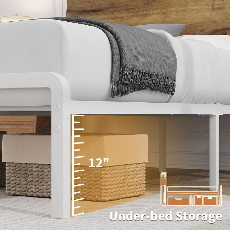 Metal Platform Bed, with LED Storage Headboard, Brown, Queen
