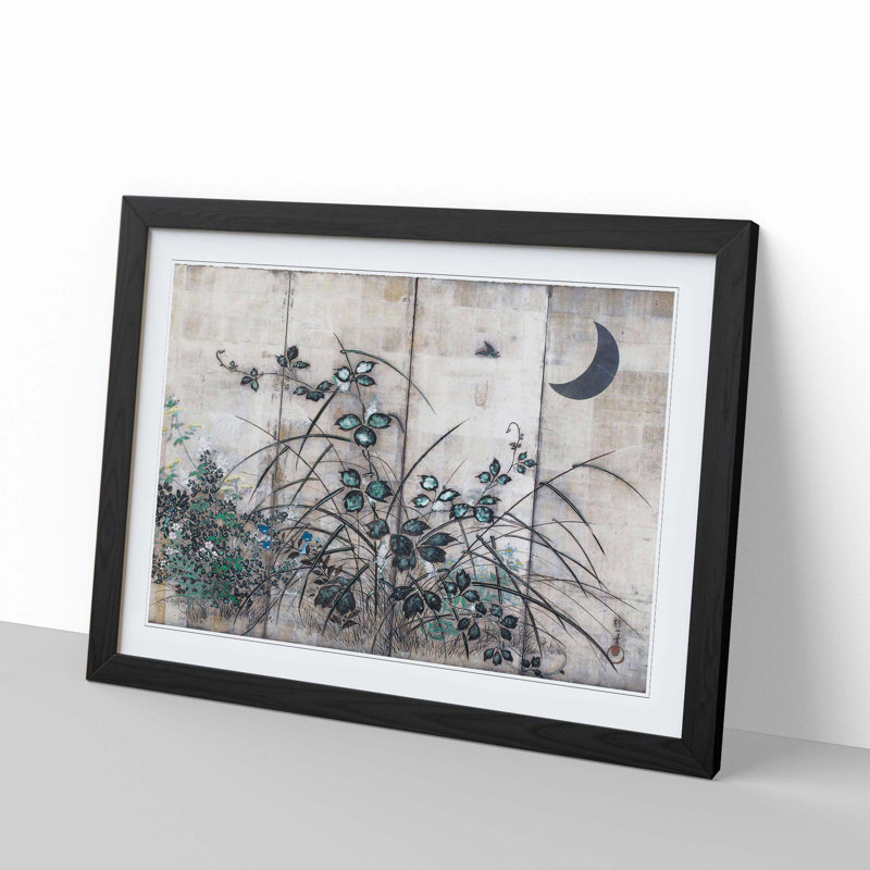 Moon & Autumn Grasses by Sakai Hoitsu - Picture Frame Painting Print, 36cm H x 48cm W x 2cm D, Black Framed