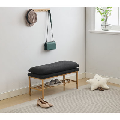 Banc de bout de lit avec tablette, banc de rangement pour chaussures rembourré en lin, banc de chambre moderne avec pieds en métal pour le salon, le vestibule, la salle à manger, 300 lb, couleur lin (noir)