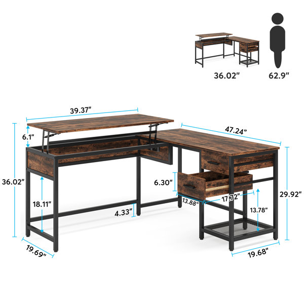 Tirese 59'' L Shaped Desk with Lift Top and 2 Drawers