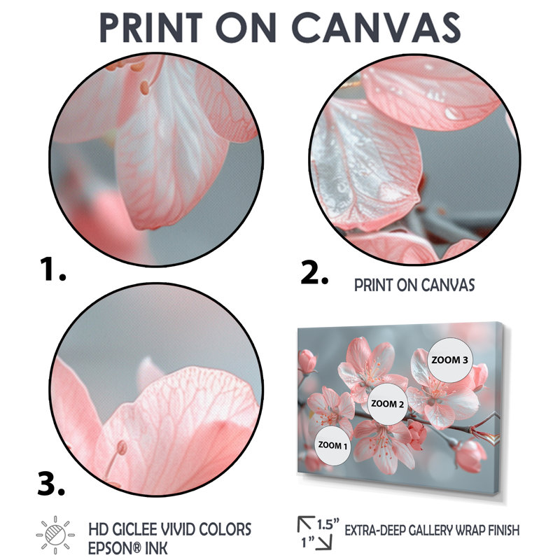  «Rose Apple Blossom Spring Awakening I - Art mural fleur de pommier, H 28 po x l 60 po, Cadre flottant blanc