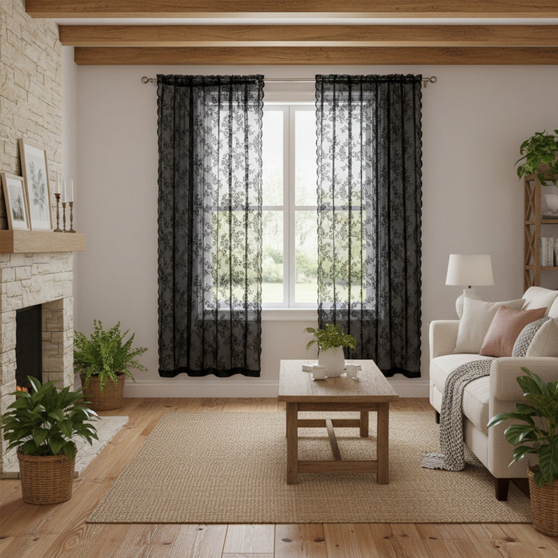 Black Farmhouse Lace Sheer Semi-Blackout Curtains, Indoor Window Drapes for Bedroom Living Room Decor, 39.37x39.37in