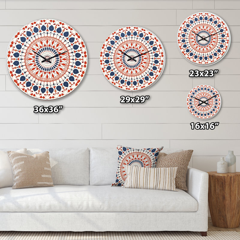 Horloge murale boho mandala rétro en métal bleu et orange III, Petit