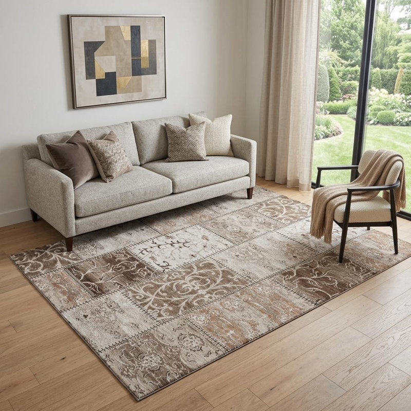 Tapis lavable beige et ivoire en patchwork 5 pi x 8 pi avec protection UV