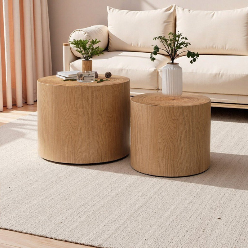 Nesting Coffee Table Set of 2 - Modern Round Solid Wood Drum Tables with Real Tree Ring Design for Living Room, Balcony & Small Spaces