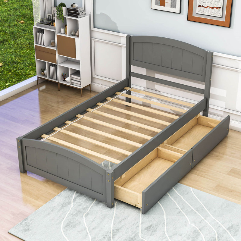 Lit plateforme simple avec tête de lit à 2 tiroirs Divyansh, gris