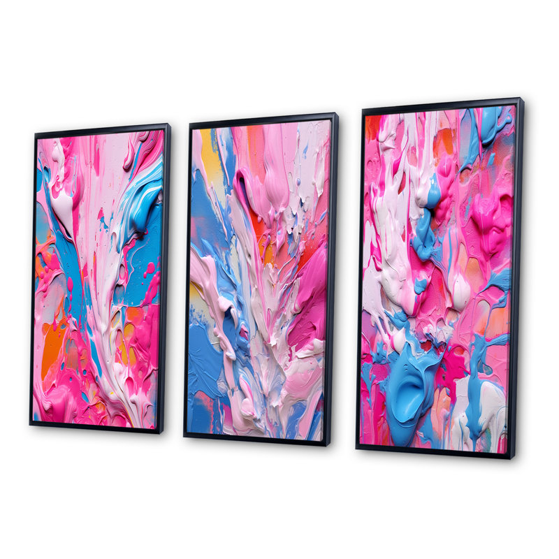 "Art liquide rose et bleu", 3 pièces sur toile, Cadre flottant noir, H 20 po x l 36 po