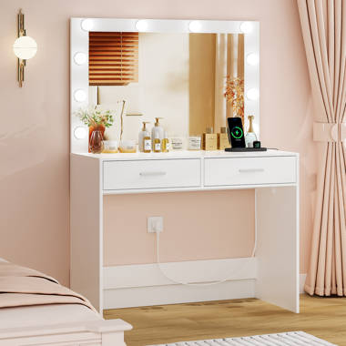 Ebern Designs Vanity Table with Large Lighted Mirror, Bedroom Dressing Desk,  3-Color Adjustable Lights & Reviews