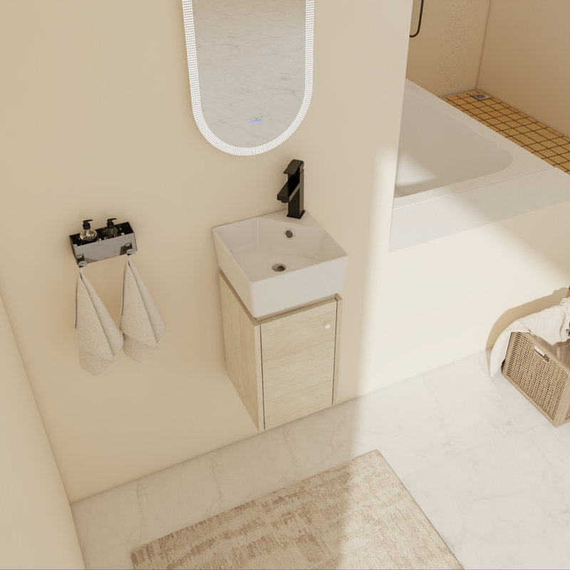 Vanyo 12'' Wall Mounted & Corner Single Bathroom Vanity with Ceramic Top, Plain Light Oak