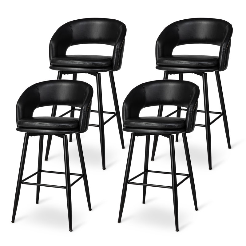 Mid-Century Modern Upholstered Bar Stool with Nailhead Trim , Black