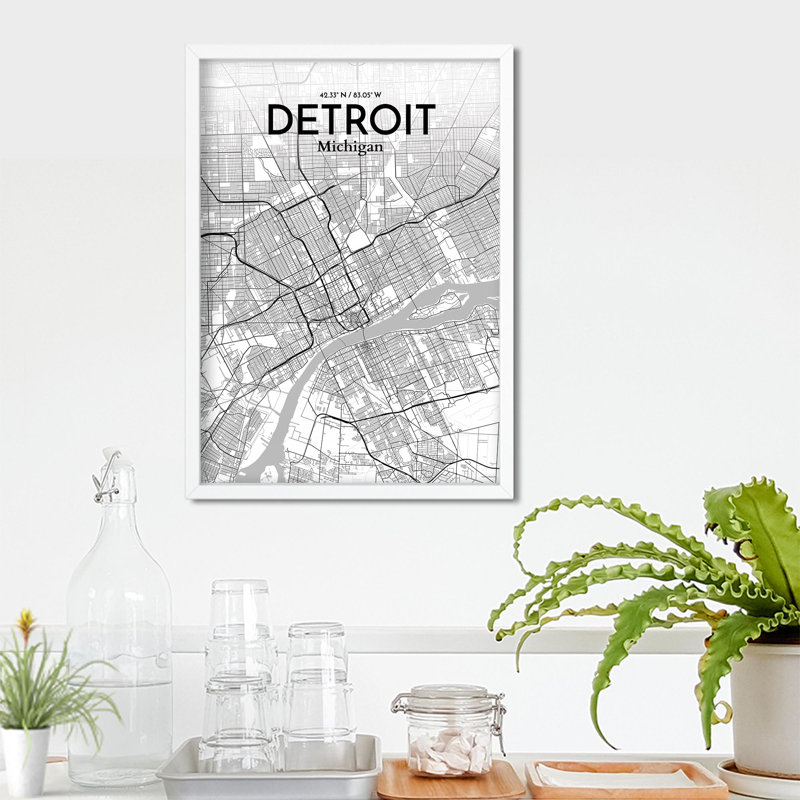 « détroit city map », reproduction d’impression sur affiche en tons, H 27,6 po x l 19,7 po