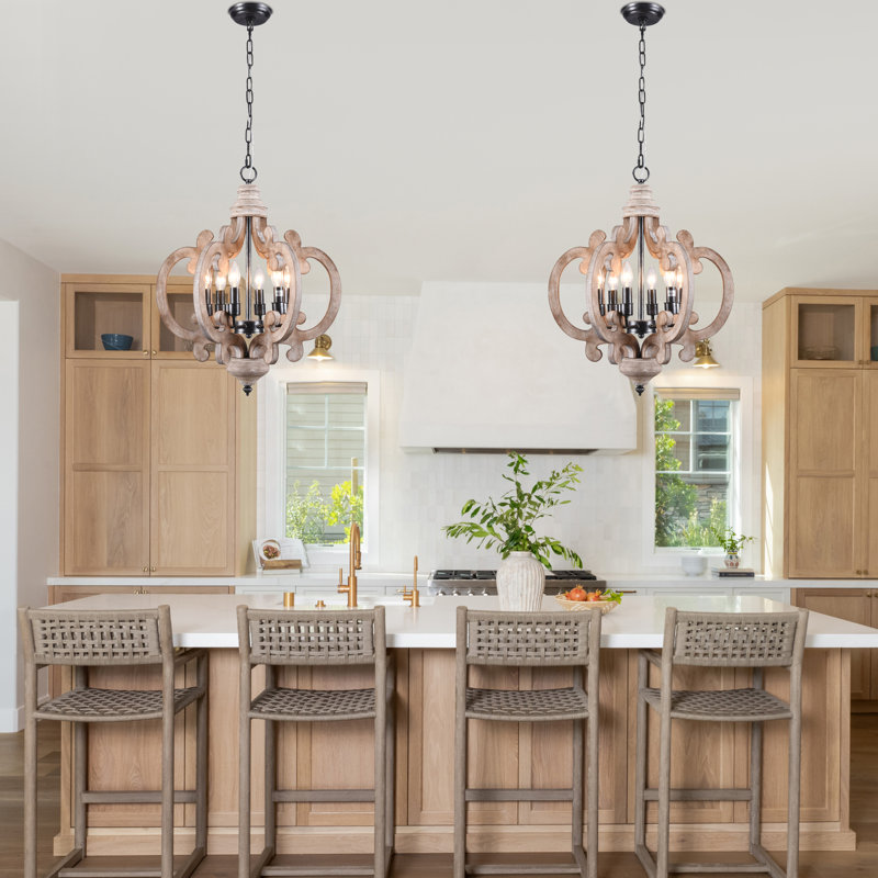 Ambrose 6-Light 18" W Rustic Solid Wood Chandelier French Country Chandelier Farmhouse Wood Chandelier Geometric Chandelier