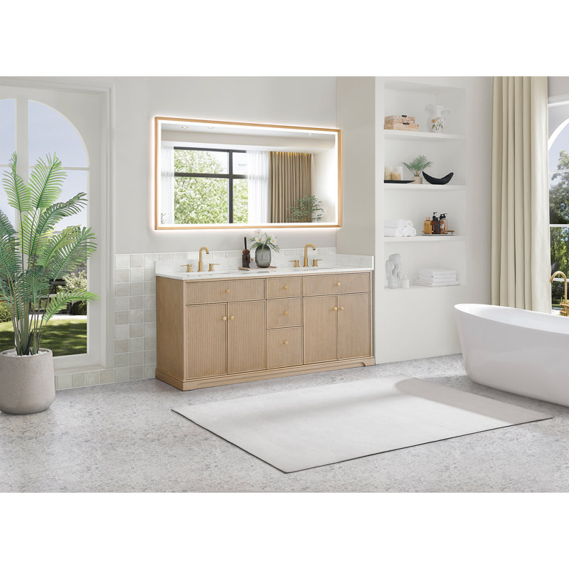 Noe 72" Double Bathroom Vanity in Natural Oak with Grain White Engineered Stone Countertop No Mirror, 72"