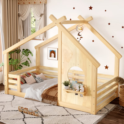 Twin Size Solid Wood House Floor Bed with Window, Shelf, Roof Design, No Box Spring, Natural