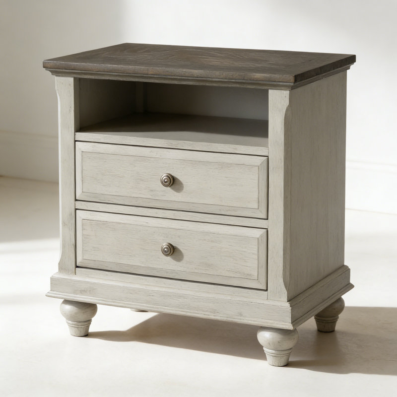 Table de chevet classique avec finition gris clair et 2 tiroirs