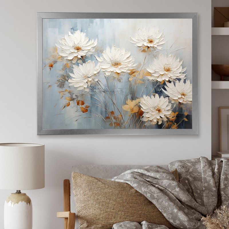 «White and Blue Chrysanthemums Painted Ink IV - Chrysanthemums», impressions d'art mural, H 16 po x l 32 po x P 1 po