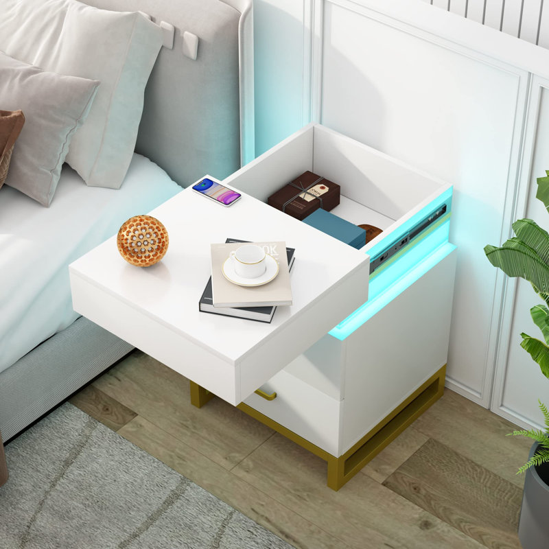 Asmi Bedside Table, 3 Drawers, Contains LED Lights, Bedroom or Living