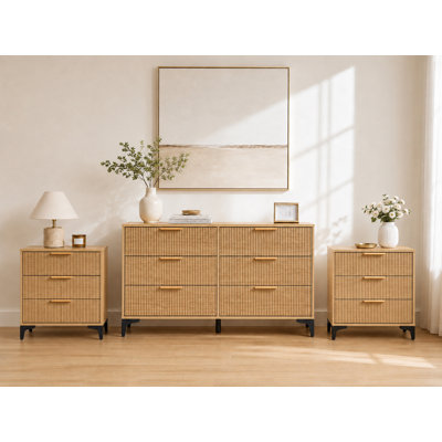 3 Piece Bedroom Set（1 Dresser+2 Nightstands）,natural Oak