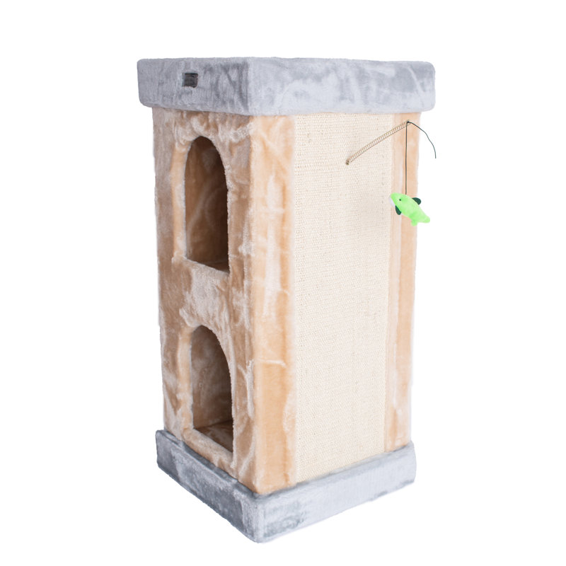 Beige Faux Fur and Sisal Freestanding Cat Tree with Double Condo
