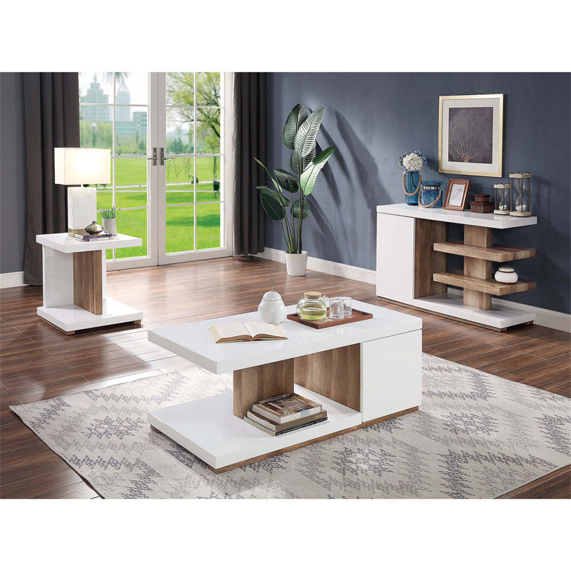 Table de bout moderne à deux tons avec finition ultrabrillante et tablettes ouvertes pour un rangement élégant
