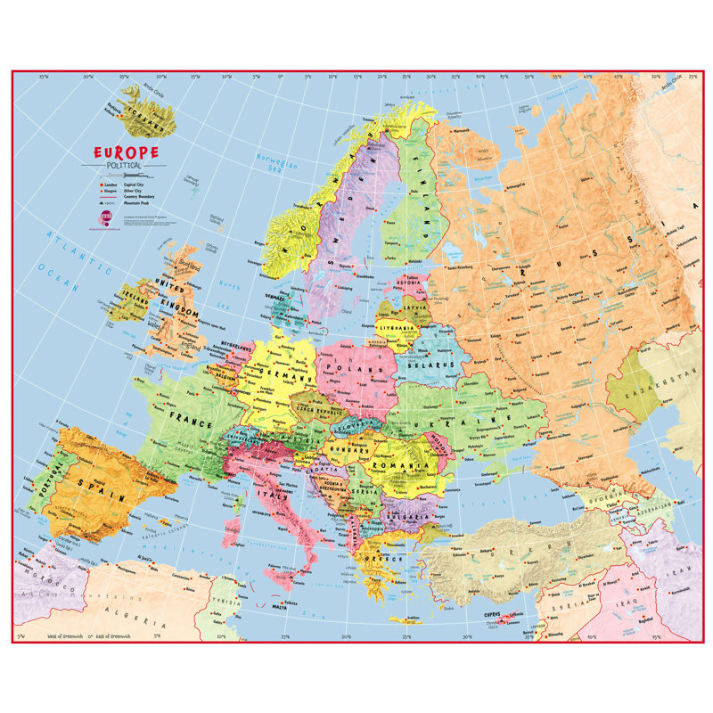 Large Primary Europe Wall Map Political - No Frame Print, 117cm H x 140cm W x 0.5cm D
