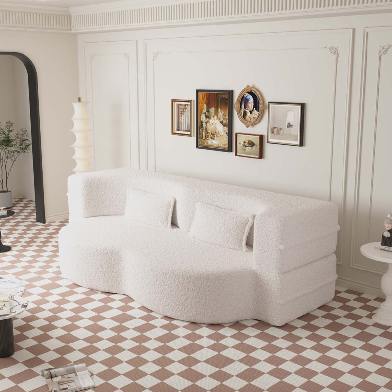 Canapé de sol avec 2 coussins, tissu convertible en peluche, Beige