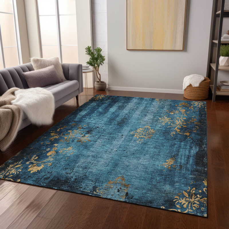 Machine Washable Indoor/Outdoor Xhevrie Blue Rug, Rectangle 3' x 5'